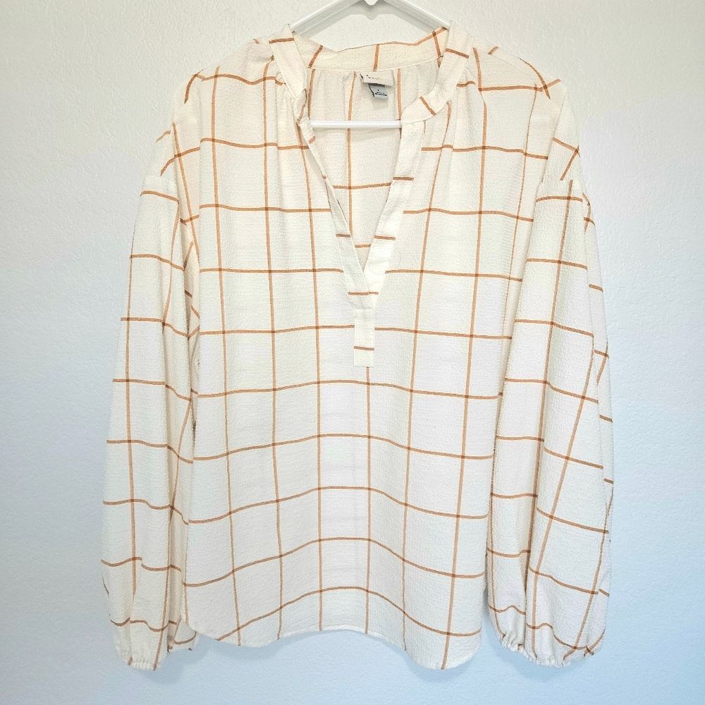 A New Day | Windowpane Long Sleeve V-Neck Blouse, Womens Large